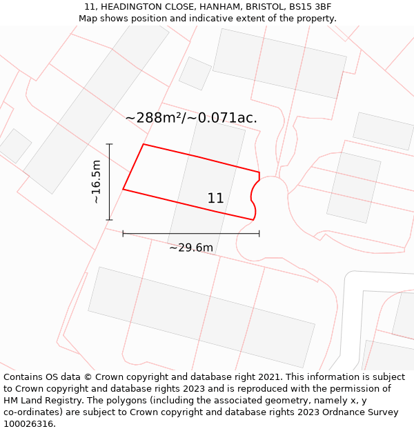 11, HEADINGTON CLOSE, HANHAM, BRISTOL, BS15 3BF: Plot and title map