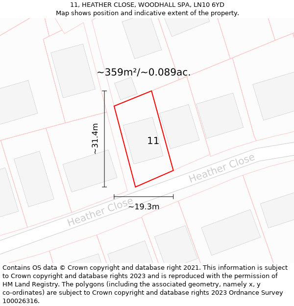 11, HEATHER CLOSE, WOODHALL SPA, LN10 6YD: Plot and title map