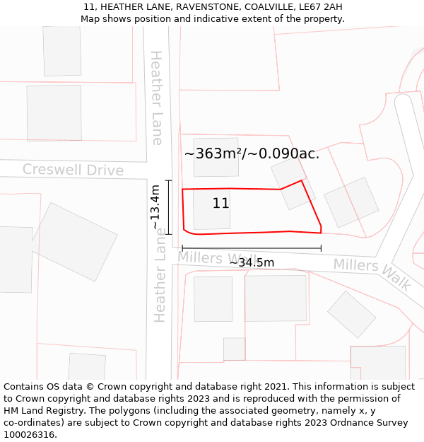 11, HEATHER LANE, RAVENSTONE, COALVILLE, LE67 2AH: Plot and title map