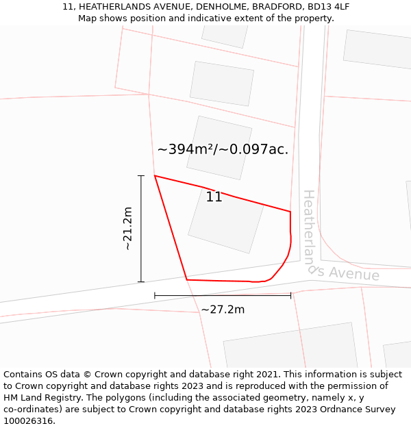 11, HEATHERLANDS AVENUE, DENHOLME, BRADFORD, BD13 4LF: Plot and title map