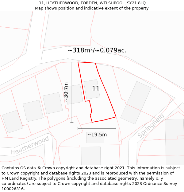 11, HEATHERWOOD, FORDEN, WELSHPOOL, SY21 8LQ: Plot and title map