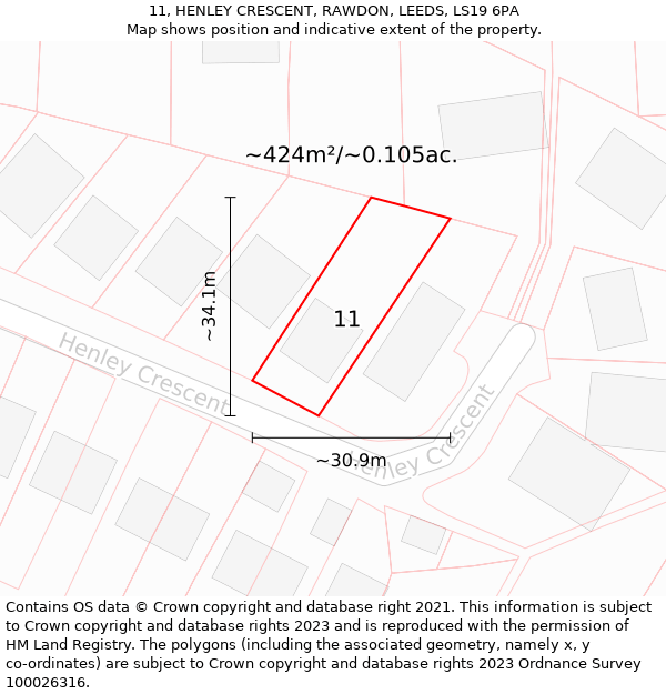 11, HENLEY CRESCENT, RAWDON, LEEDS, LS19 6PA: Plot and title map
