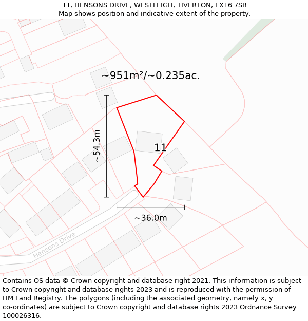 11, HENSONS DRIVE, WESTLEIGH, TIVERTON, EX16 7SB: Plot and title map
