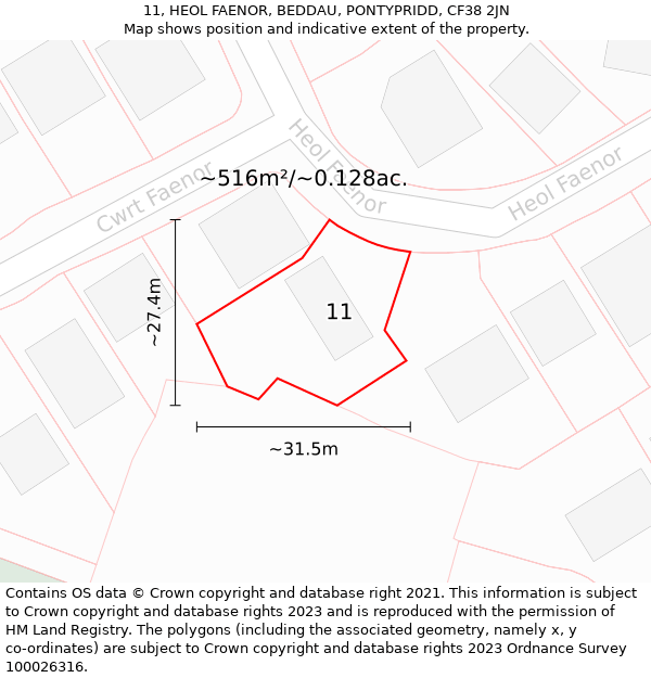 11, HEOL FAENOR, BEDDAU, PONTYPRIDD, CF38 2JN: Plot and title map