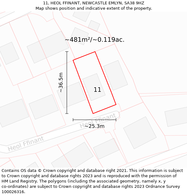 11, HEOL FFINANT, NEWCASTLE EMLYN, SA38 9HZ: Plot and title map