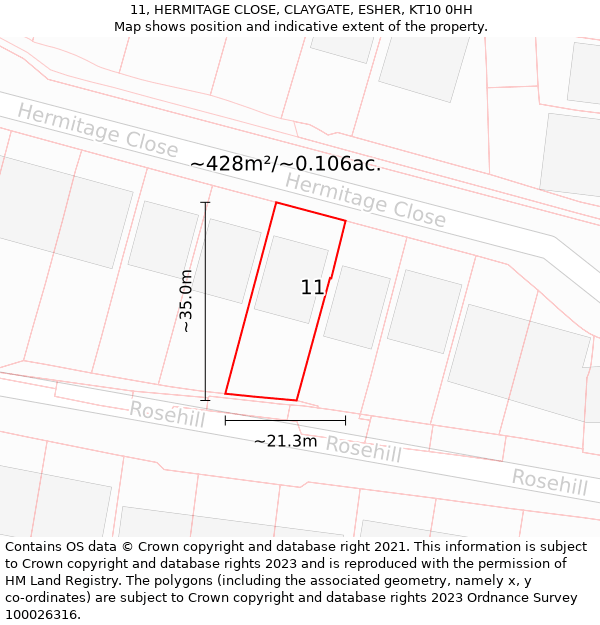 11, HERMITAGE CLOSE, CLAYGATE, ESHER, KT10 0HH: Plot and title map