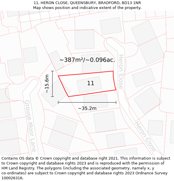 11, HERON CLOSE, QUEENSBURY, BRADFORD, BD13 1NR: Plot and title map