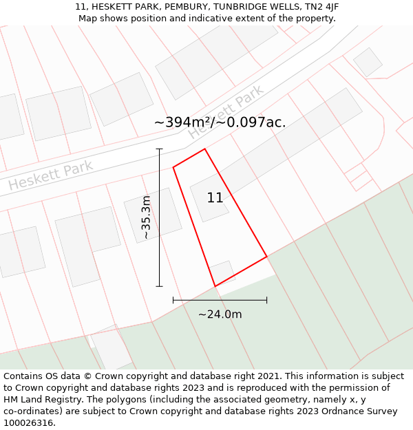 11, HESKETT PARK, PEMBURY, TUNBRIDGE WELLS, TN2 4JF: Plot and title map