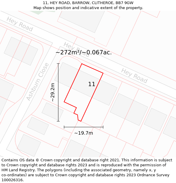 11, HEY ROAD, BARROW, CLITHEROE, BB7 9GW: Plot and title map