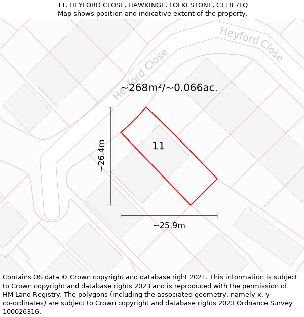 11, HEYFORD CLOSE, HAWKINGE, FOLKESTONE, CT18 7FQ: Plot and title map