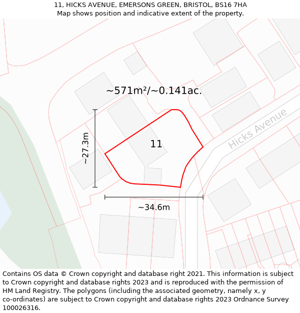 11, HICKS AVENUE, EMERSONS GREEN, BRISTOL, BS16 7HA: Plot and title map