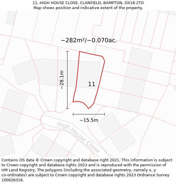 11, HIGH HOUSE CLOSE, CLANFIELD, BAMPTON, OX18 2TD: Plot and title map