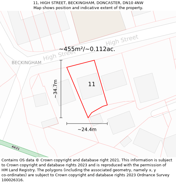 11, HIGH STREET, BECKINGHAM, DONCASTER, DN10 4NW: Plot and title map