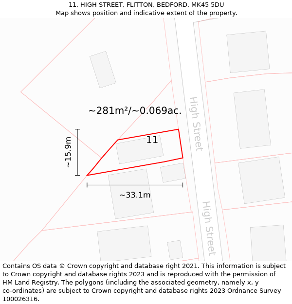 11, HIGH STREET, FLITTON, BEDFORD, MK45 5DU: Plot and title map