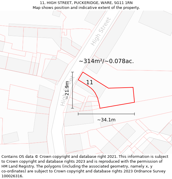 11, HIGH STREET, PUCKERIDGE, WARE, SG11 1RN: Plot and title map