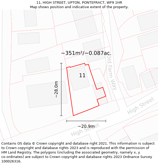 11, HIGH STREET, UPTON, PONTEFRACT, WF9 1HR: Plot and title map