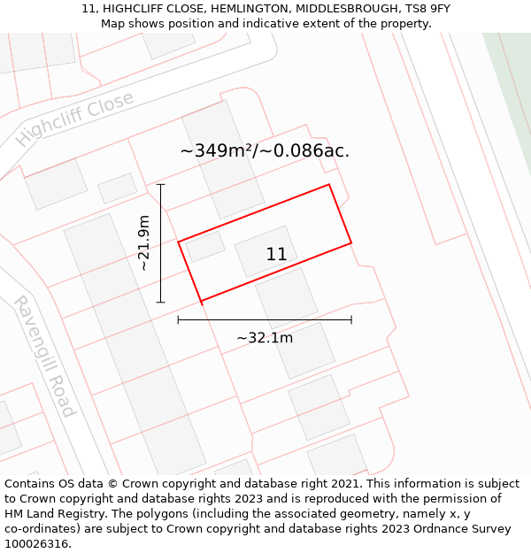 11, HIGHCLIFF CLOSE, HEMLINGTON, MIDDLESBROUGH, TS8 9FY: Plot and title map