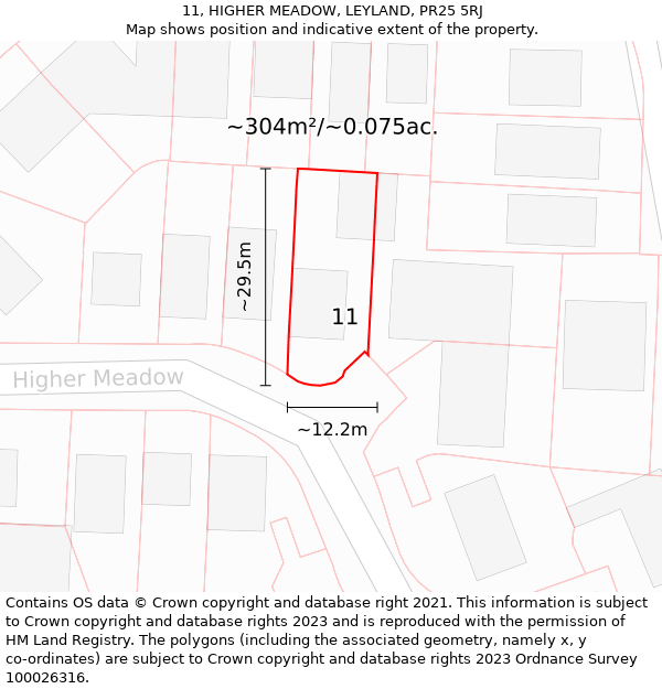 11, HIGHER MEADOW, LEYLAND, PR25 5RJ: Plot and title map