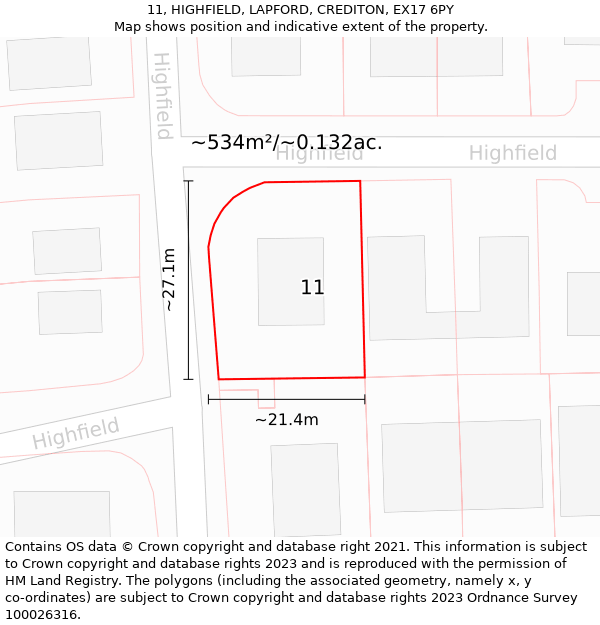 11, HIGHFIELD, LAPFORD, CREDITON, EX17 6PY: Plot and title map