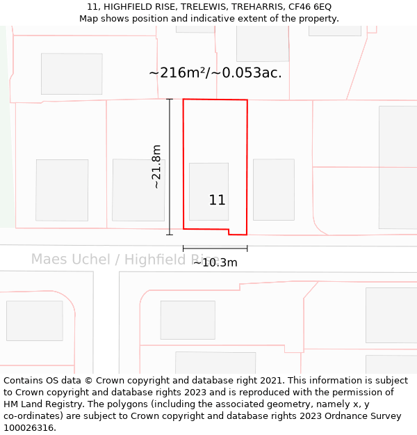 11, HIGHFIELD RISE, TRELEWIS, TREHARRIS, CF46 6EQ: Plot and title map