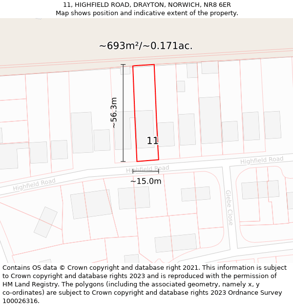 11, HIGHFIELD ROAD, DRAYTON, NORWICH, NR8 6ER: Plot and title map