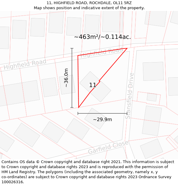 11, HIGHFIELD ROAD, ROCHDALE, OL11 5RZ: Plot and title map