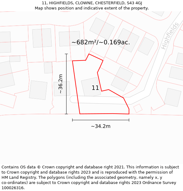 11, HIGHFIELDS, CLOWNE, CHESTERFIELD, S43 4GJ: Plot and title map