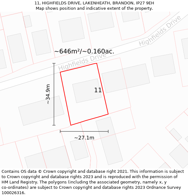 11, HIGHFIELDS DRIVE, LAKENHEATH, BRANDON, IP27 9EH: Plot and title map