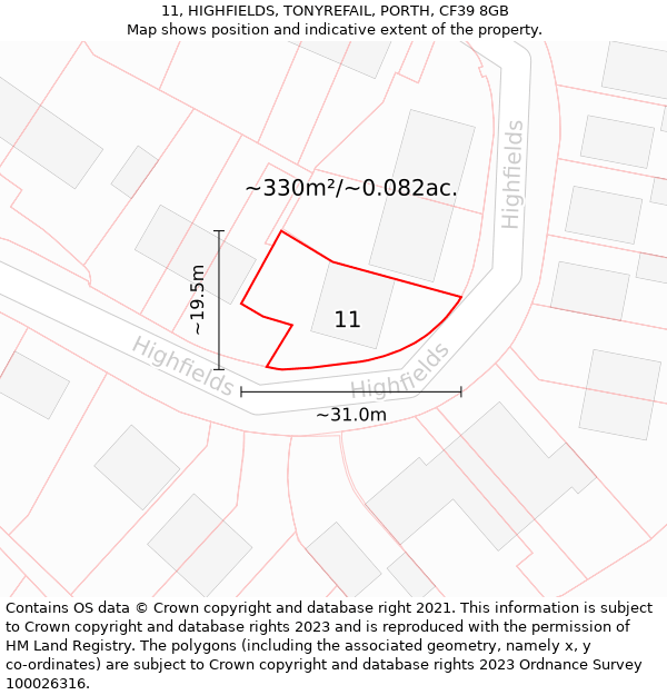 11, HIGHFIELDS, TONYREFAIL, PORTH, CF39 8GB: Plot and title map