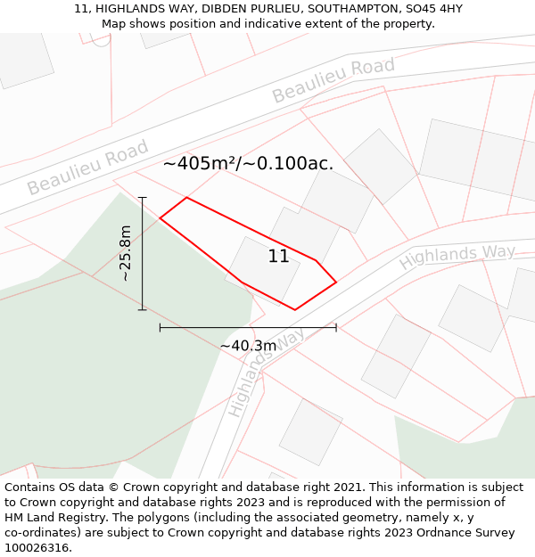 11, HIGHLANDS WAY, DIBDEN PURLIEU, SOUTHAMPTON, SO45 4HY: Plot and title map