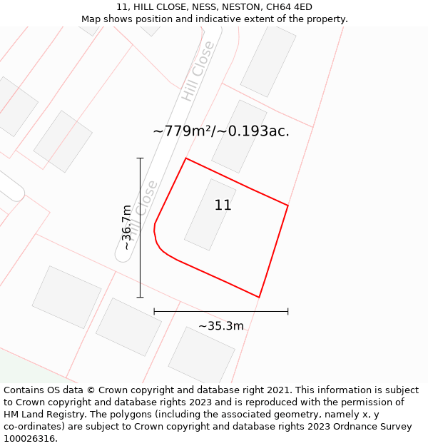 11, HILL CLOSE, NESS, NESTON, CH64 4ED: Plot and title map