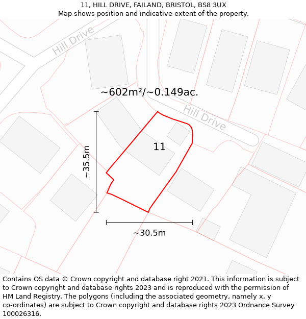 11, HILL DRIVE, FAILAND, BRISTOL, BS8 3UX: Plot and title map