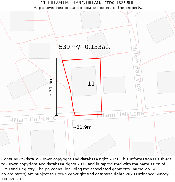 11, HILLAM HALL LANE, HILLAM, LEEDS, LS25 5HL: Plot and title map