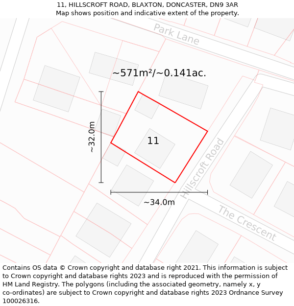 11, HILLSCROFT ROAD, BLAXTON, DONCASTER, DN9 3AR: Plot and title map