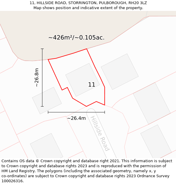 11, HILLSIDE ROAD, STORRINGTON, PULBOROUGH, RH20 3LZ: Plot and title map