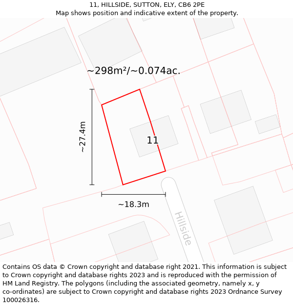 11, HILLSIDE, SUTTON, ELY, CB6 2PE: Plot and title map