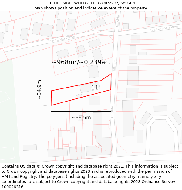 11, HILLSIDE, WHITWELL, WORKSOP, S80 4PF: Plot and title map