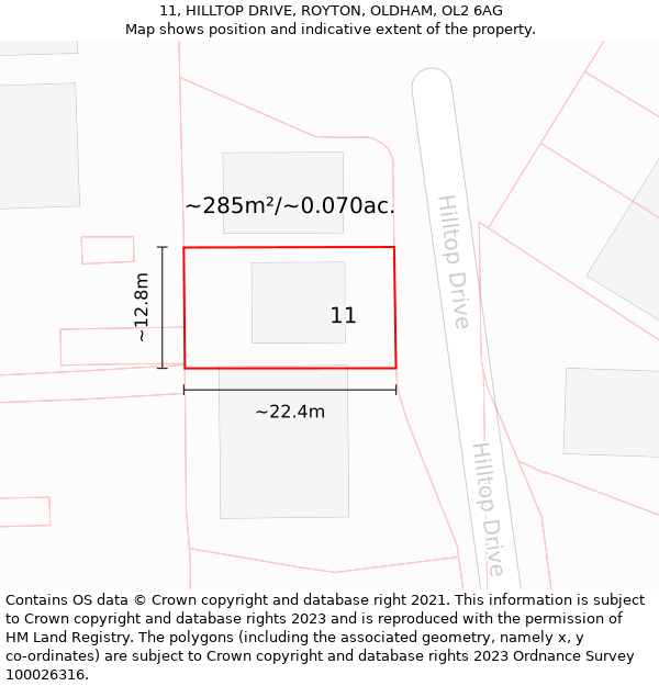 11, HILLTOP DRIVE, ROYTON, OLDHAM, OL2 6AG: Plot and title map