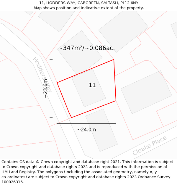 11, HODDERS WAY, CARGREEN, SALTASH, PL12 6NY: Plot and title map