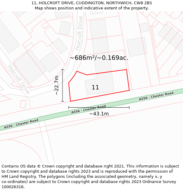 11, HOLCROFT DRIVE, CUDDINGTON, NORTHWICH, CW8 2BS: Plot and title map