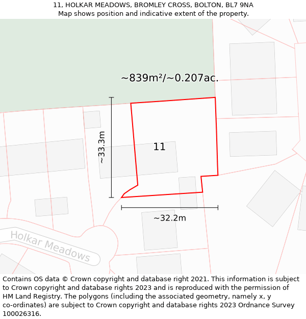 11, HOLKAR MEADOWS, BROMLEY CROSS, BOLTON, BL7 9NA: Plot and title map
