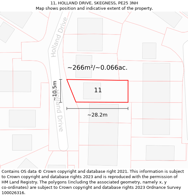 11, HOLLAND DRIVE, SKEGNESS, PE25 3NH: Plot and title map