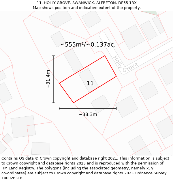 11, HOLLY GROVE, SWANWICK, ALFRETON, DE55 1RX: Plot and title map