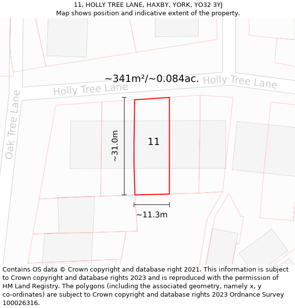 11, HOLLY TREE LANE, HAXBY, YORK, YO32 3YJ: Plot and title map