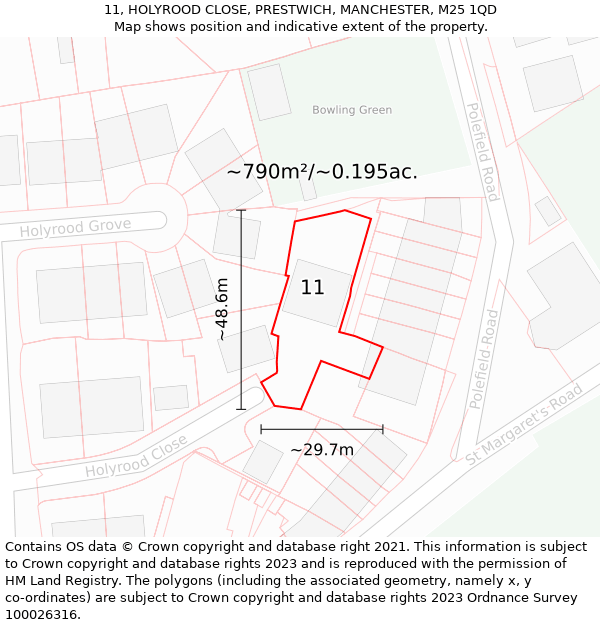 11, HOLYROOD CLOSE, PRESTWICH, MANCHESTER, M25 1QD: Plot and title map