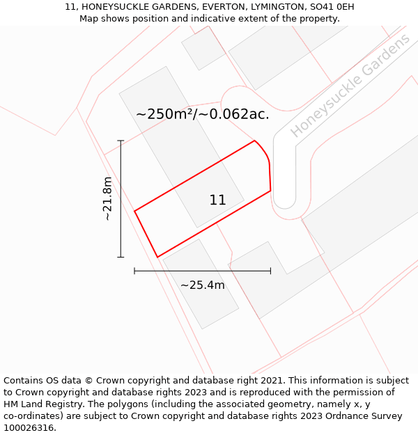 11, HONEYSUCKLE GARDENS, EVERTON, LYMINGTON, SO41 0EH: Plot and title map