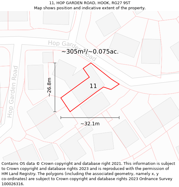 11, HOP GARDEN ROAD, HOOK, RG27 9ST: Plot and title map