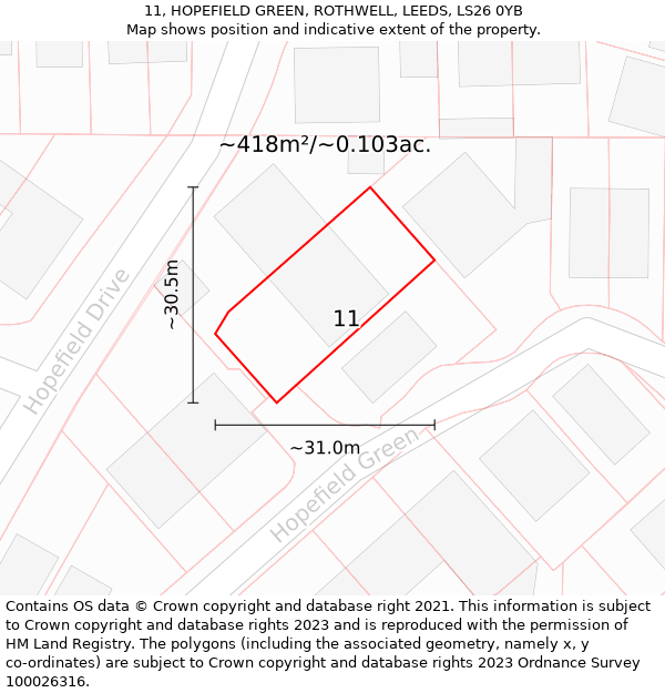 11, HOPEFIELD GREEN, ROTHWELL, LEEDS, LS26 0YB: Plot and title map