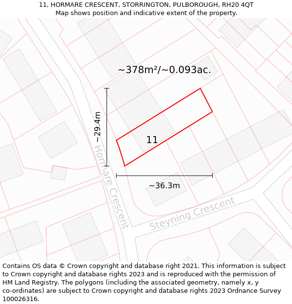 11, HORMARE CRESCENT, STORRINGTON, PULBOROUGH, RH20 4QT: Plot and title map