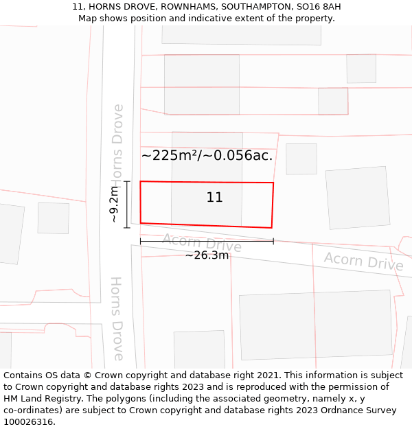 11, HORNS DROVE, ROWNHAMS, SOUTHAMPTON, SO16 8AH: Plot and title map